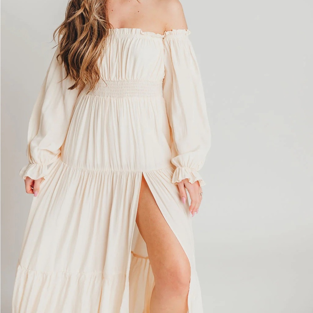 Worth Collective Maxi Dress with slit and off shoulder sleeves